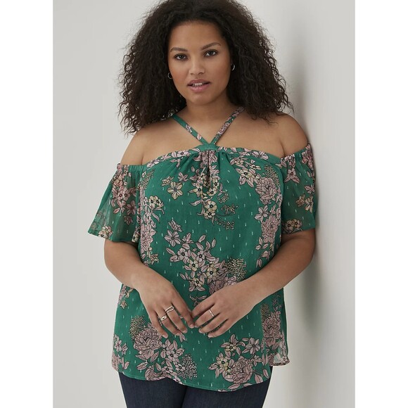 NWT Torrid 5X Floral Green Crinkle Chiffon Cold Shoulder Halter Top Size 28 - Picture 1 of 8